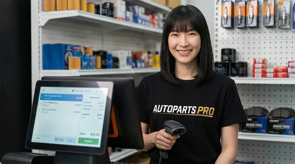 พลอยยืนหลังเคาน์เตอร์กับจอ POS ถือเครื่องสแกนบาร์โค้ด
